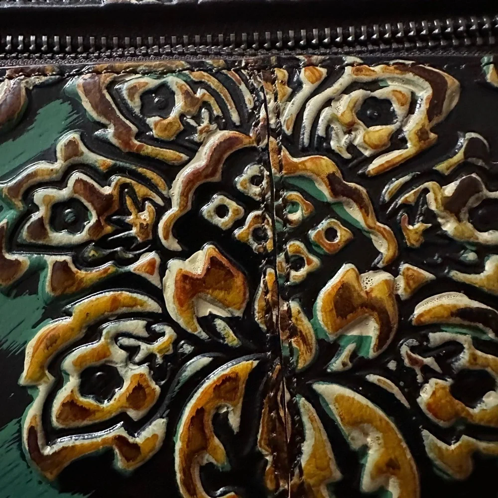 Vintage-Inspired Green and Brown Embossed Satchel